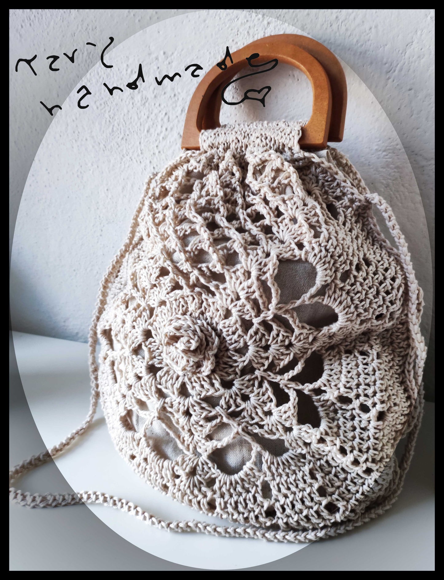 Borsa Crochet Irlandese Ecrù con maniglie legno