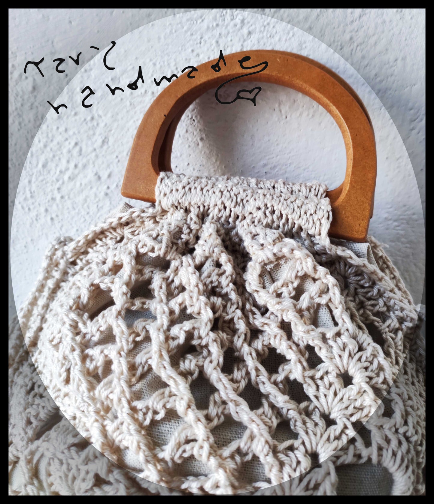 Borsa Crochet Irlandese Ecrù con maniglie legno